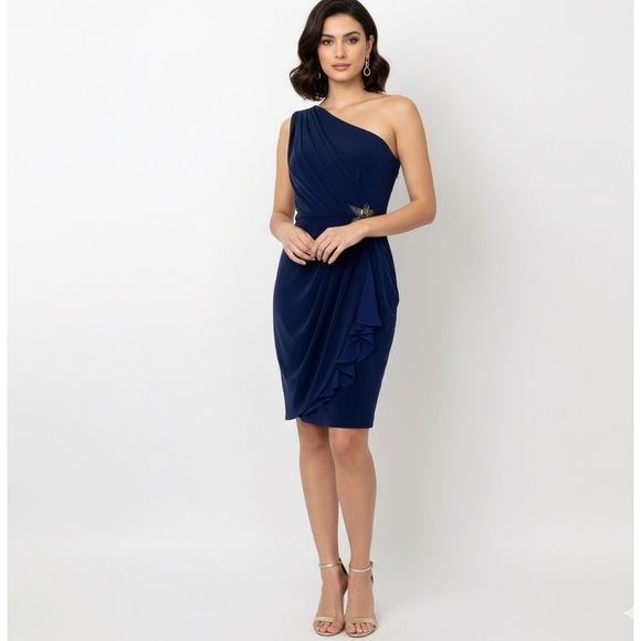 Max & Cleo Dresses & Skirts - Max and Cleo Navy Blue One Shoulder Ruffle Cocktail Wedding Guest Dress Size 4